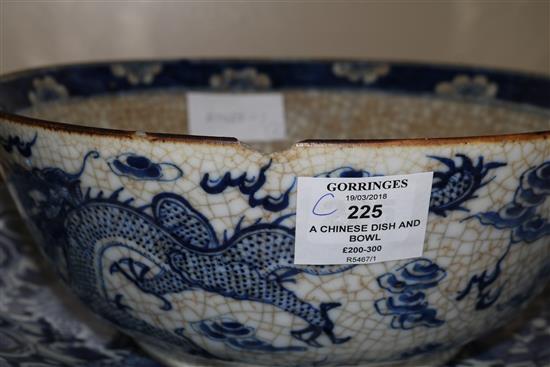 A Chinese blue and white dragon dish and a blue and white crackle glaze bowl, 19th century 37 & 26cm.